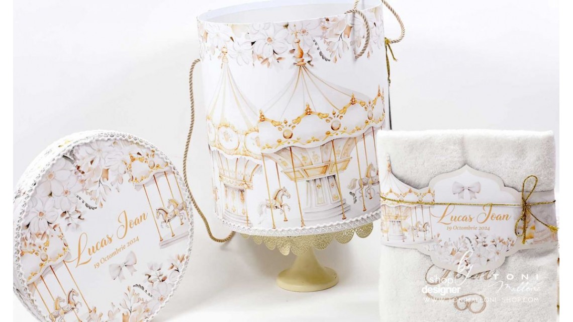 Trusou botez cu caluti si carusel alb gold White Carousel 8